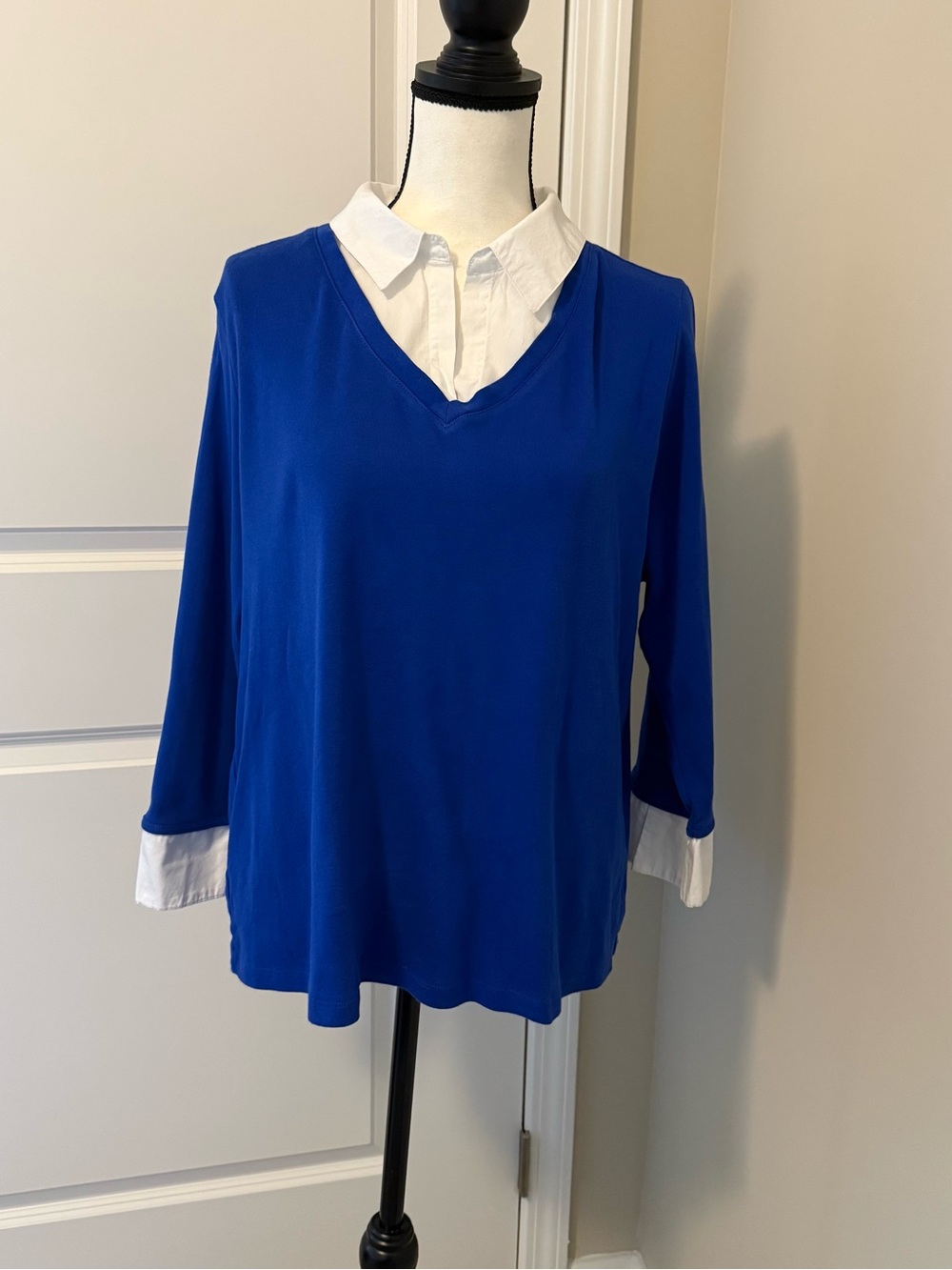 Karen Scott Royal Blue V-Neck Layered Collared Long Sleeve Top